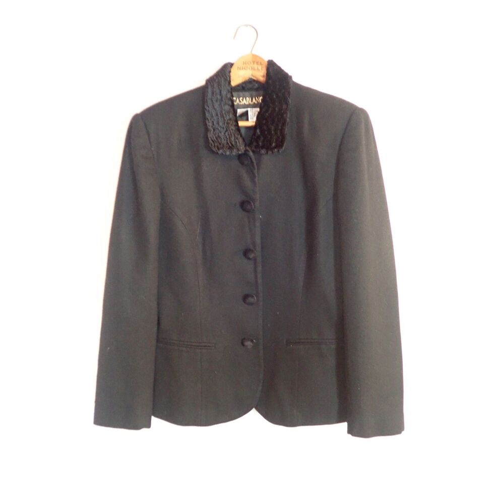 Casablanca Vintage Suit Jacket Size 8 Wool Black Faux Fur Collar Blazer Button